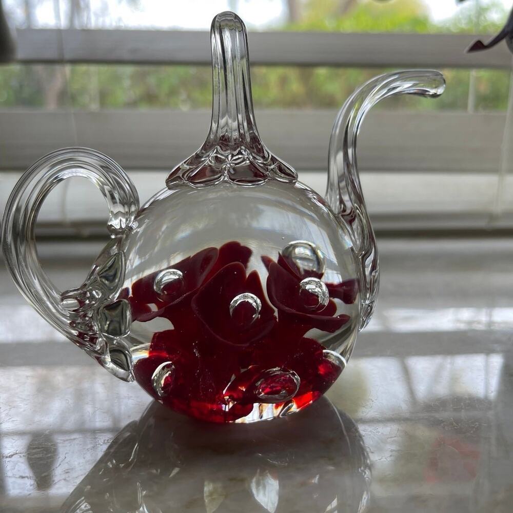 St. Clair blown glass teapot with flowers paperweight 4-1/2"
